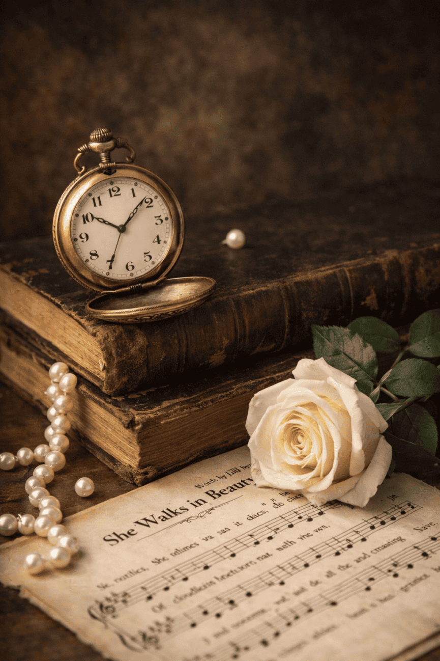 A vintage pocket watch resting on old books beside a white rose, pearl necklace, and antique sheet music in a warm nostalgic scene.