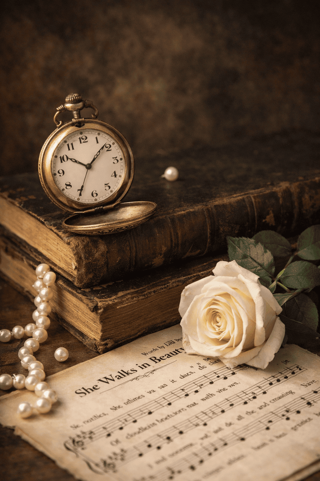 A vintage pocket watch resting on old books beside a white rose, pearl necklace, and antique sheet music in a warm nostalgic scene.