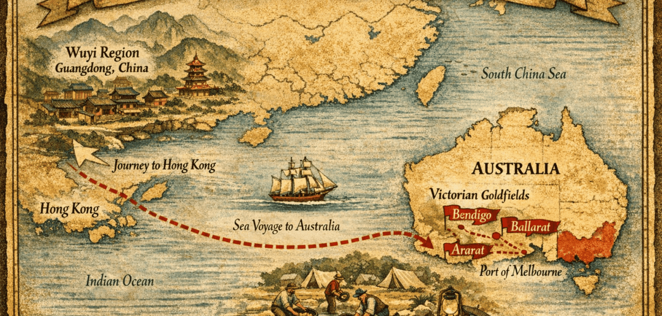 Map showing migration route from Wuyi China through Hong Kong to Australian goldfields