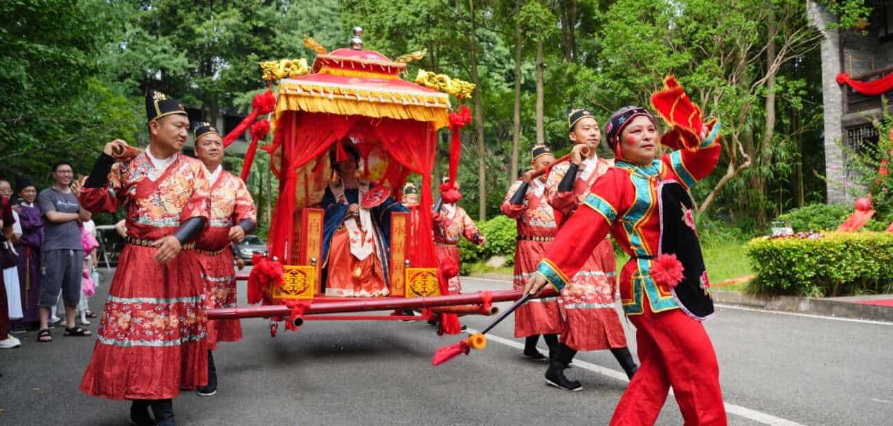 A bride's wedding morning in pre-migration Taishan, 1835 — ancestral village scene with traditional wedding preparations