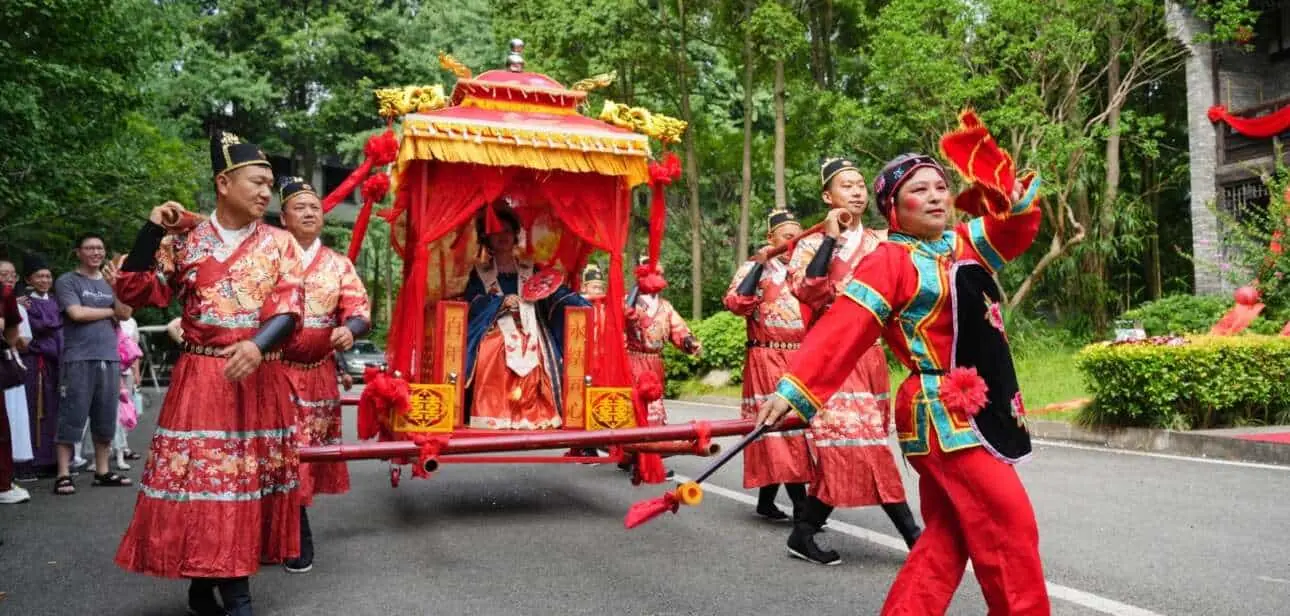 A bride's wedding morning in pre-migration Taishan, 1835 — ancestral village scene with traditional wedding preparations
