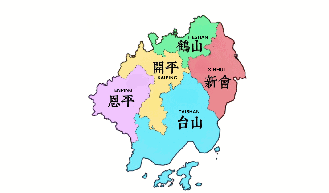 Historical map of the Wuyi region showing the five counties of Taishan, Kaiping, Xinhui, Enping, and Heshan in Guangdong province