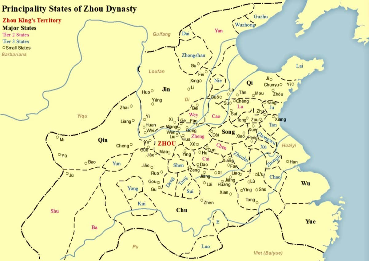 Historical map showing the states of the Western Zhou dynasty including the State of Cao in present-day Shandong Province