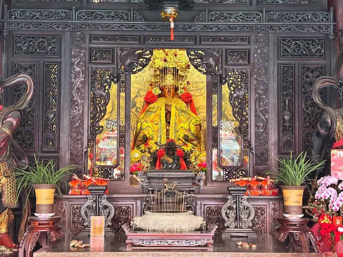 Mazu altar in a Chinese ancestral hall — Mazu, the sea goddess, was the spiritual anchor for fishing and emigrant communities along the Guangdong coast