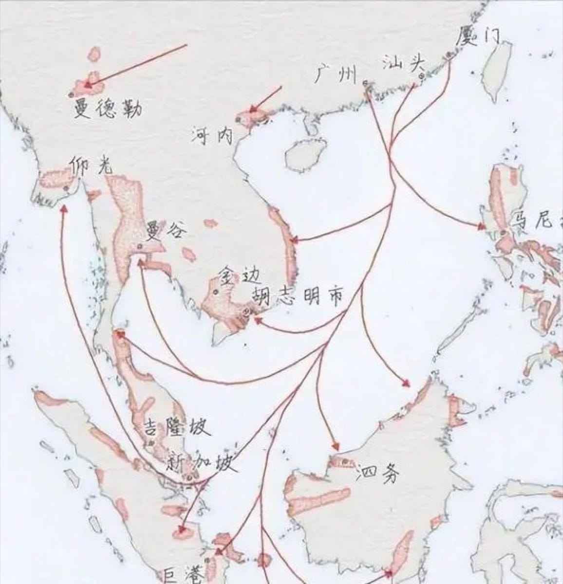 Historical migration route map showing the Wu clan's journey from Jiangsu origins through Fujian to the Wuyi region of Guangdong