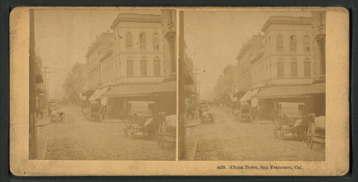 Historical stereoscopic photograph of San Francisco Chinatown in the early 1900s, where Wu clan associations flourished