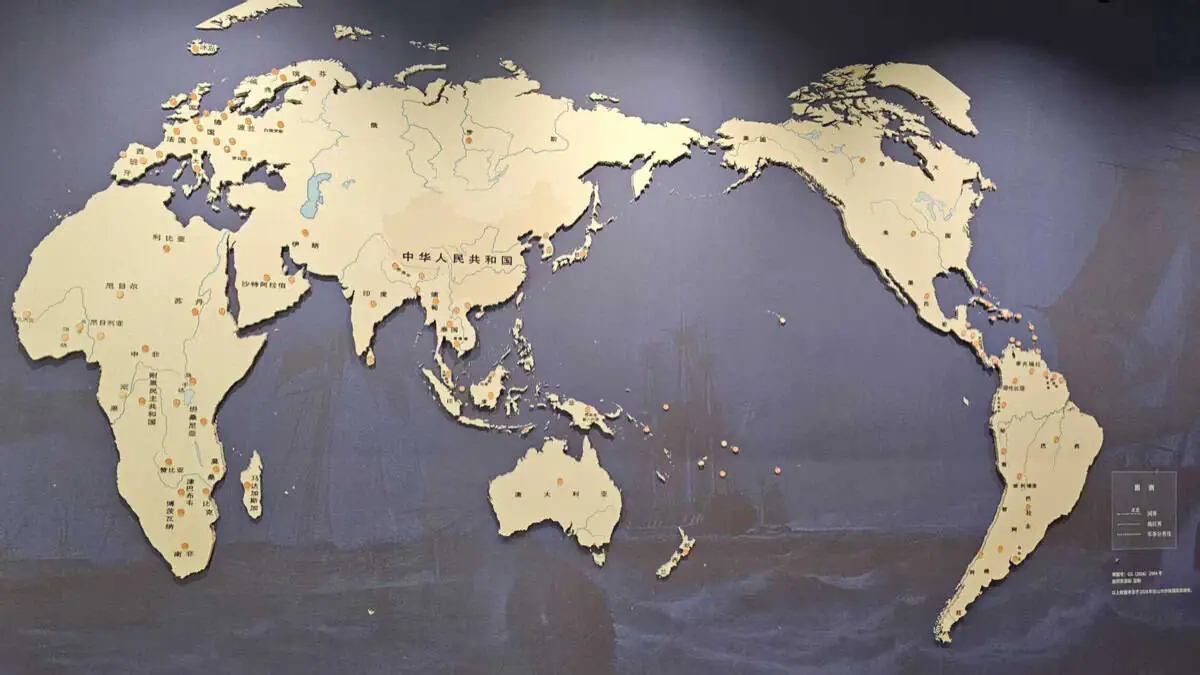 Map showing the Guangdong diaspora migration routes from the Siyi region across the Pacific Ocean to North America and Southeast Asia