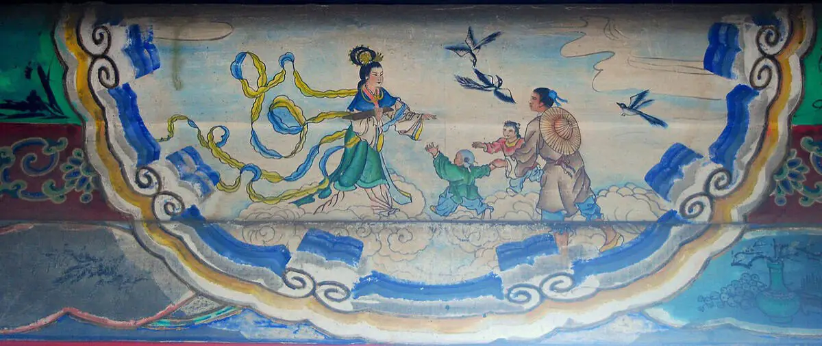 Painted mural of the Cowherd and Weaver Girl meeting on the magpie bridge across the Milky Way — the Qixi myth's iconography, from the Summer Palace Long Corridor.
