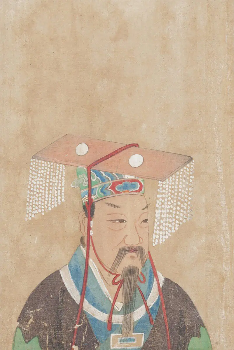 Portrait of the legendary sage-king Emperor Shun (舜帝) in ceremonial crown, from a Qing-era collection of famous men