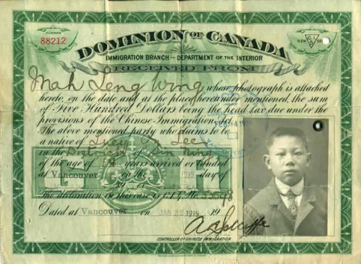 A Chinese immigration head tax certificate, recording the $50 entry fee imposed in July 1885