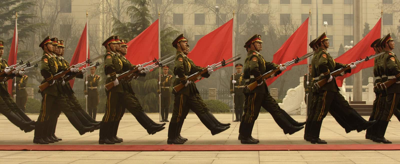 A Chinese honor guard in formation, a military column in full dress.