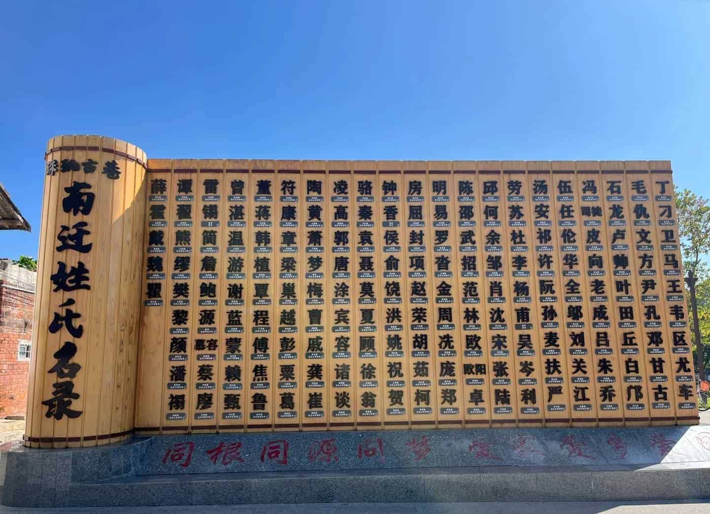 A wall in Zhuji Lane, Nanxiong, displaying the surnames of families said to have migrated south into the Pearl River Delta.