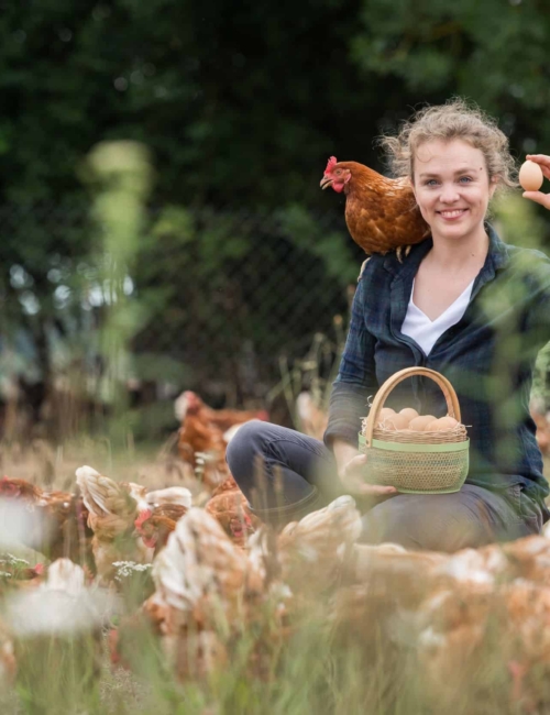 Eier Abo aus MV Leonie Behrens sitzt inmitten einer Hühnerschar auf der Wiese mit einem Korb voller Eier und einem Huhn auf der Schulter.