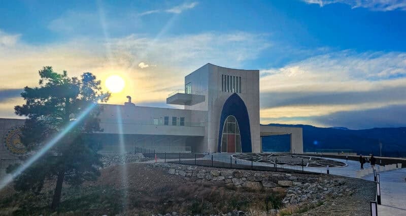 Contemporary winery architecture with sunset background in Kelowna.