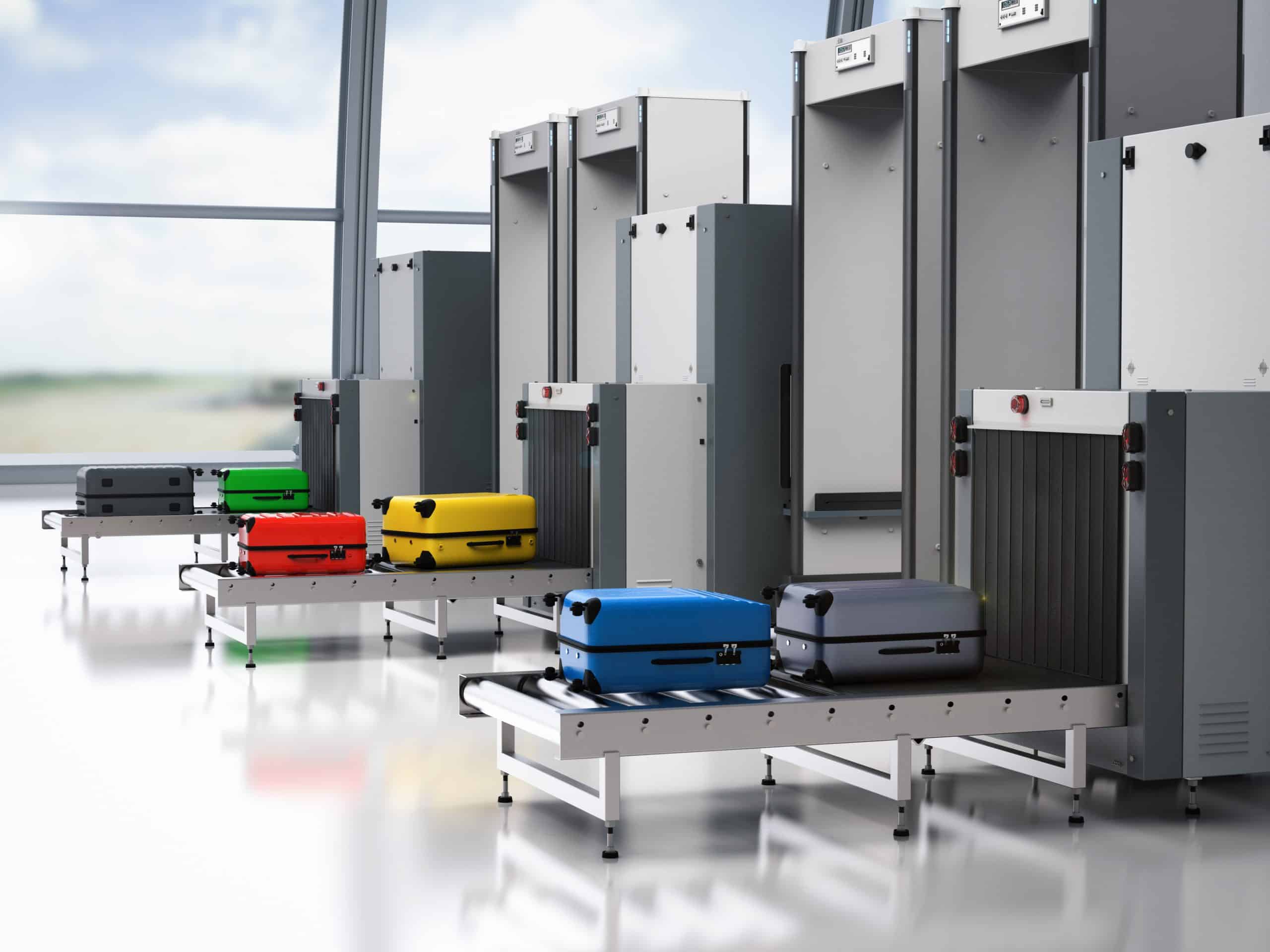 Transportadores de rolos por gravidade da Rukava utilizados em áreas de triagem de bagagens em aeroportos