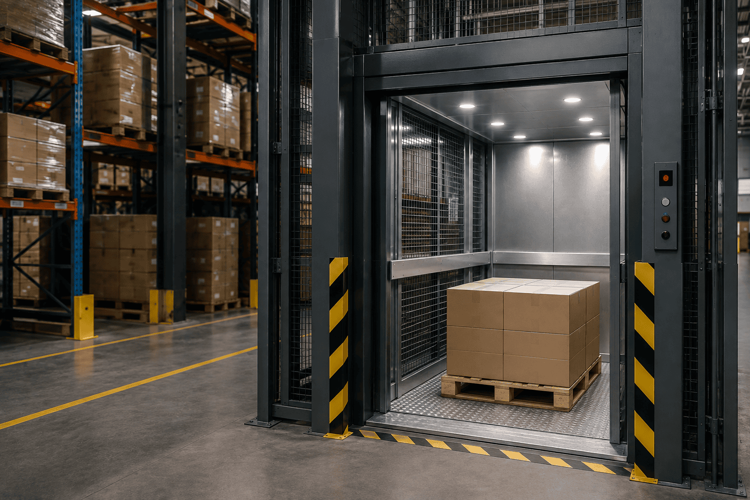 Elevador de carga industrial Rukava para movimentação vertical de materiais