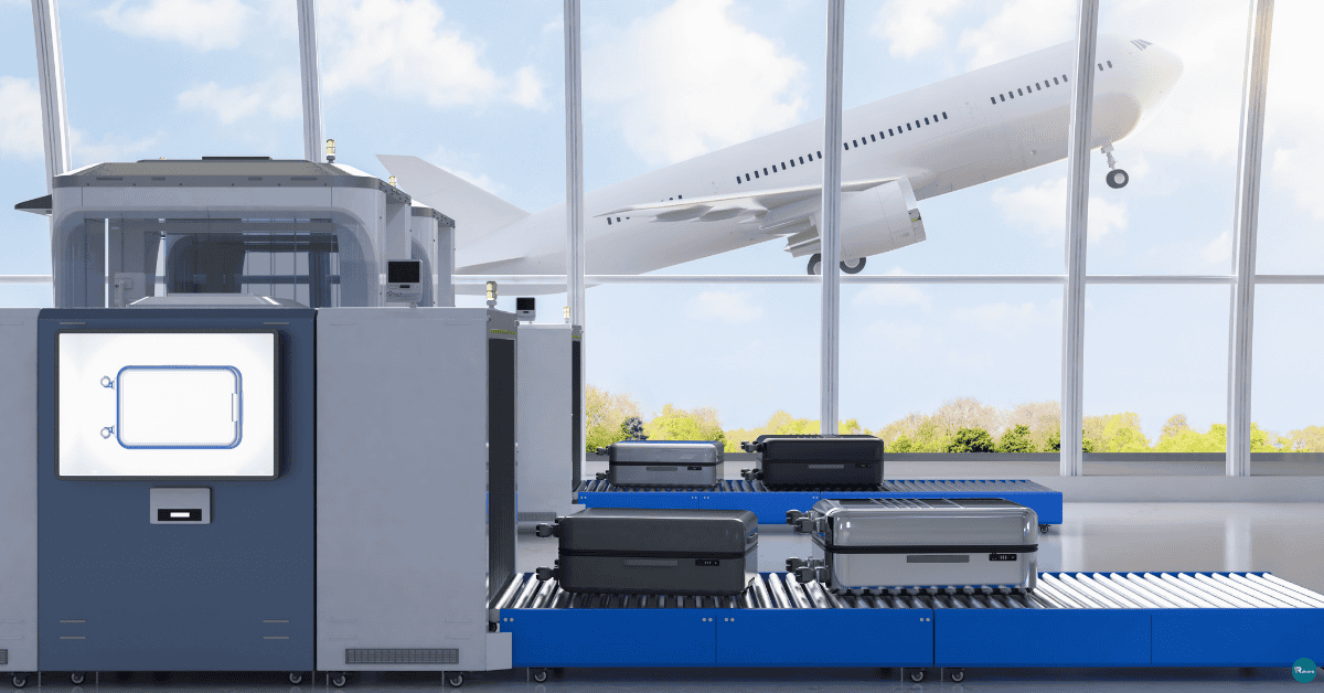 Sistema de check-in de bagagens em aeroportos com esteiras transportadoras e balança integrada