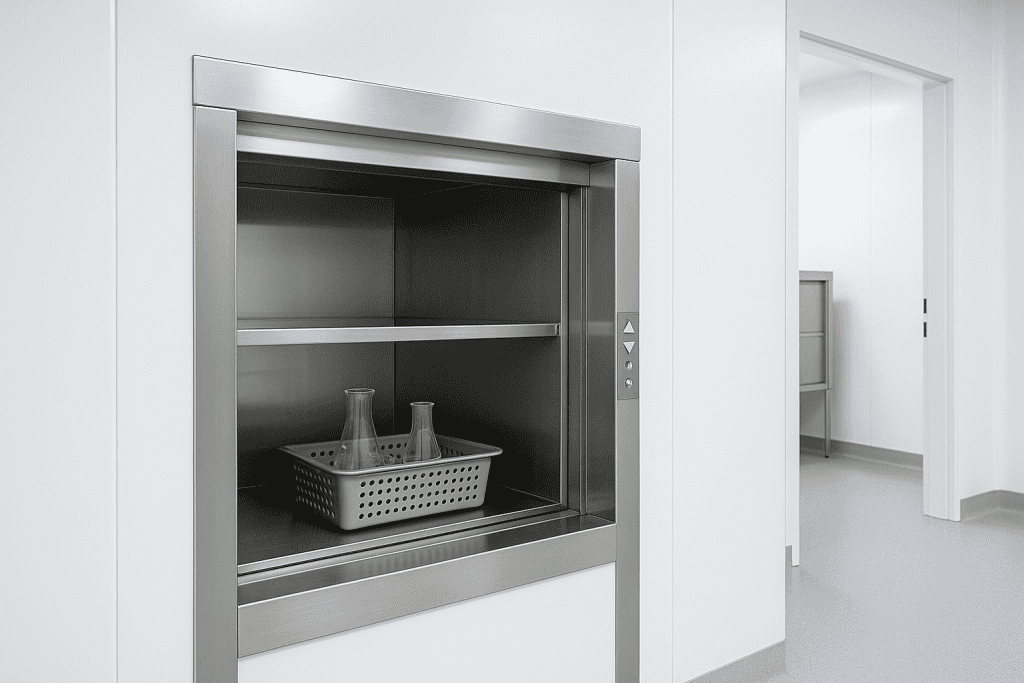 monta-carga industrial leve Rukava em aço inox instalado em laboratório, utilizado para transporte vertical de frascos e materiais controlados conforme NR-12 e NR-10