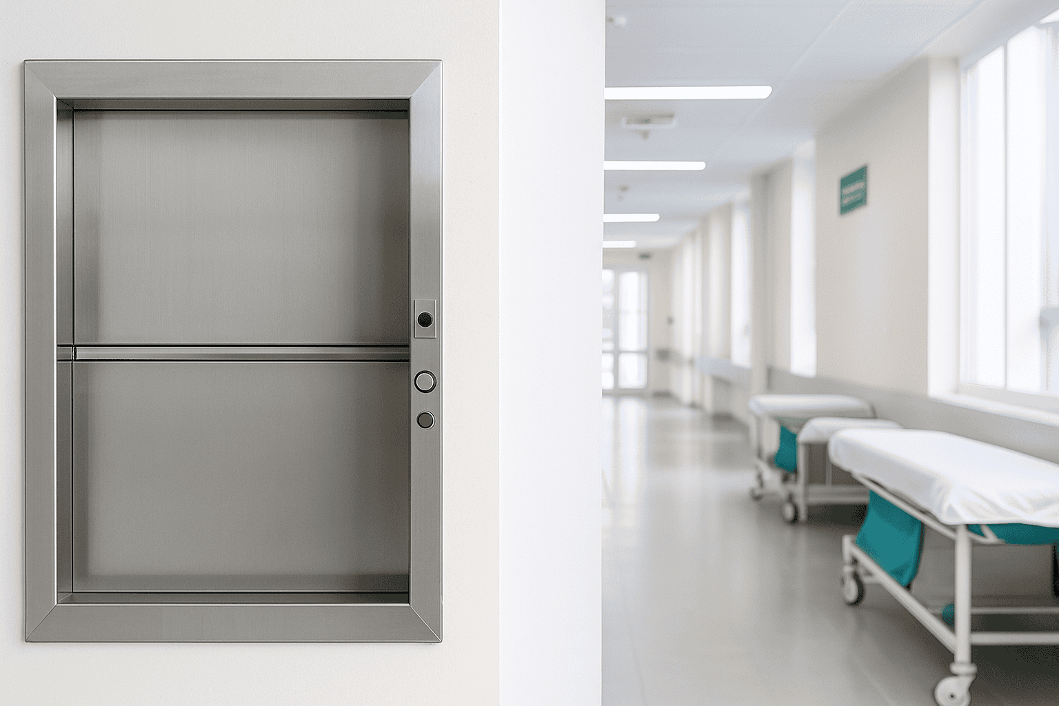 Monta carga leve industrial Rukava em aço inox instalado em ambiente hospitalar, utilizado para transporte vertical seguro conforme normas NR-12 e NR-10.