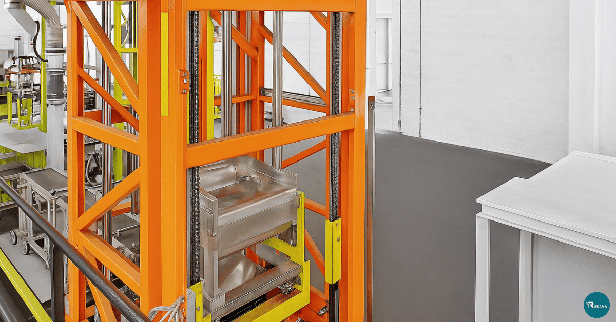 Transportador vertical industrial Rukava em operação, projetado para movimentação segura de cargas conforme NR-12.