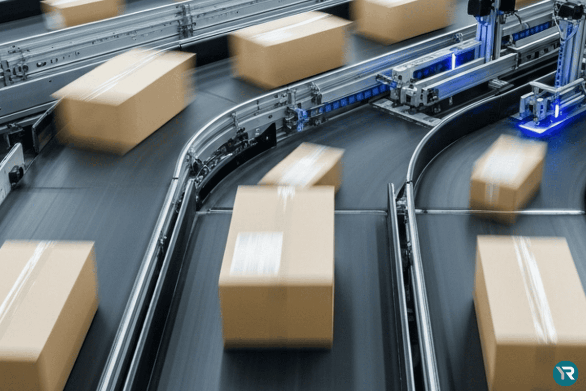 Esteiras transportadoras automatizadas movimentando caixas em alta velocidade em um sistema de automação industrial.