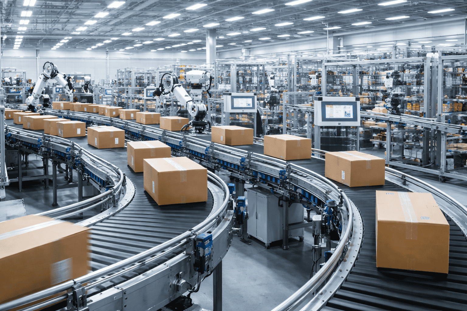 Sistema automatizado de movimentação de materiais com esteiras e transportadores industriais integrados