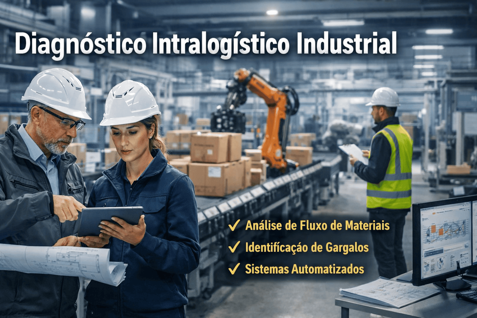 Diagnóstico intralogístico industrial realizado por consultoria de engenharia em ambiente industrial com sistemas automatizados de movimentação de materiais.