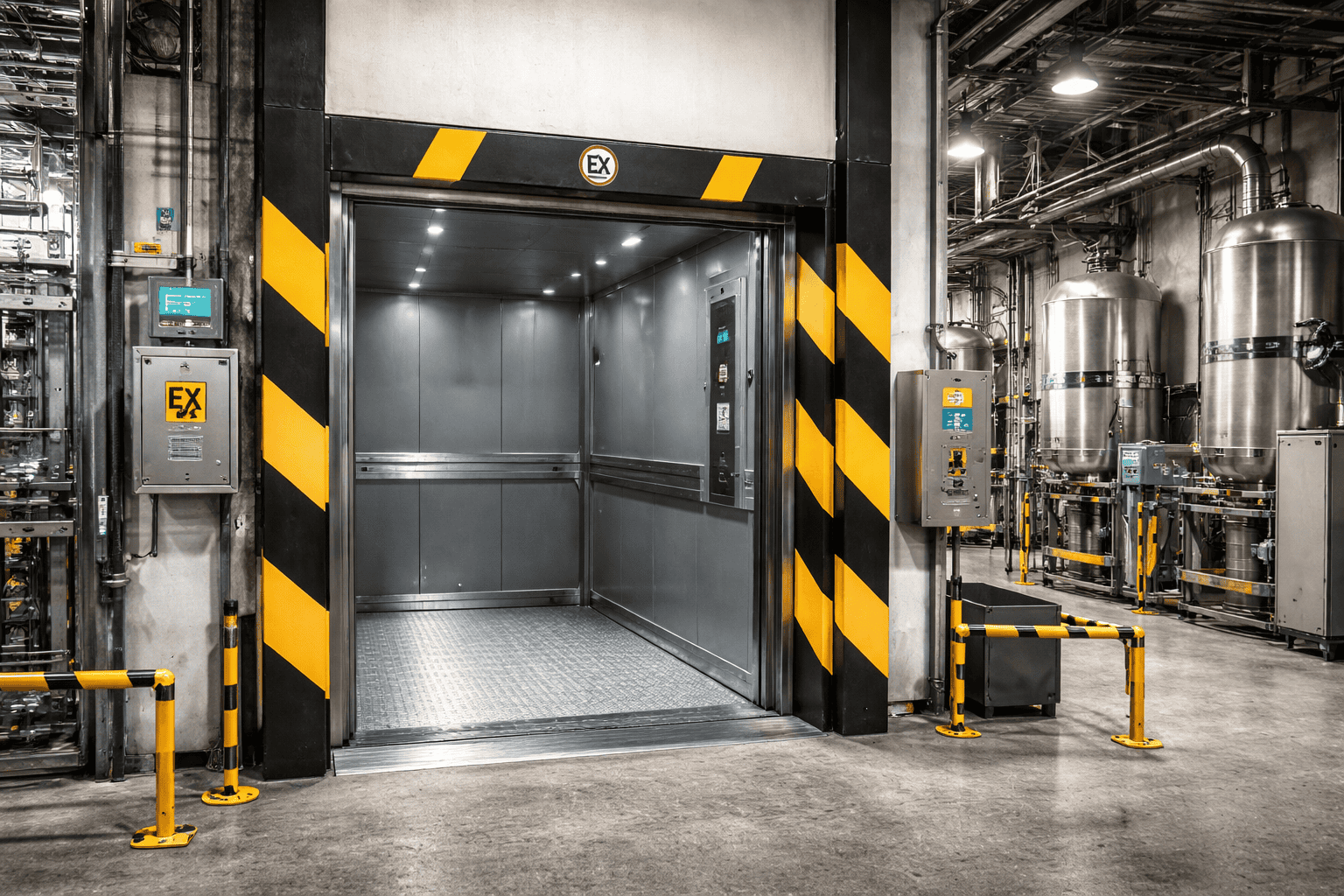 Elevador de carga industrial à prova de explosão (EX) instalado em área classificada de indústria química, projetado conforme normas de segurança para atmosferas explosivas