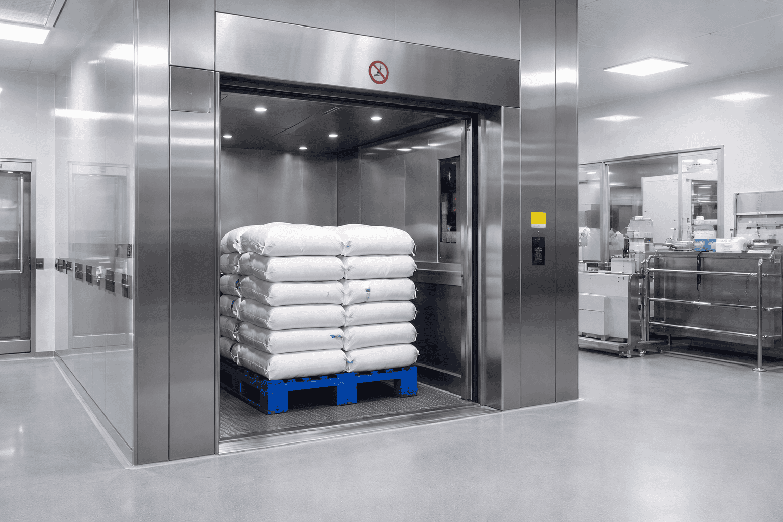 Elevador de carga industrial 2000 kg em inox instalado em indústria farmacêutica com paletes de insumos para fabricação de medicamentos