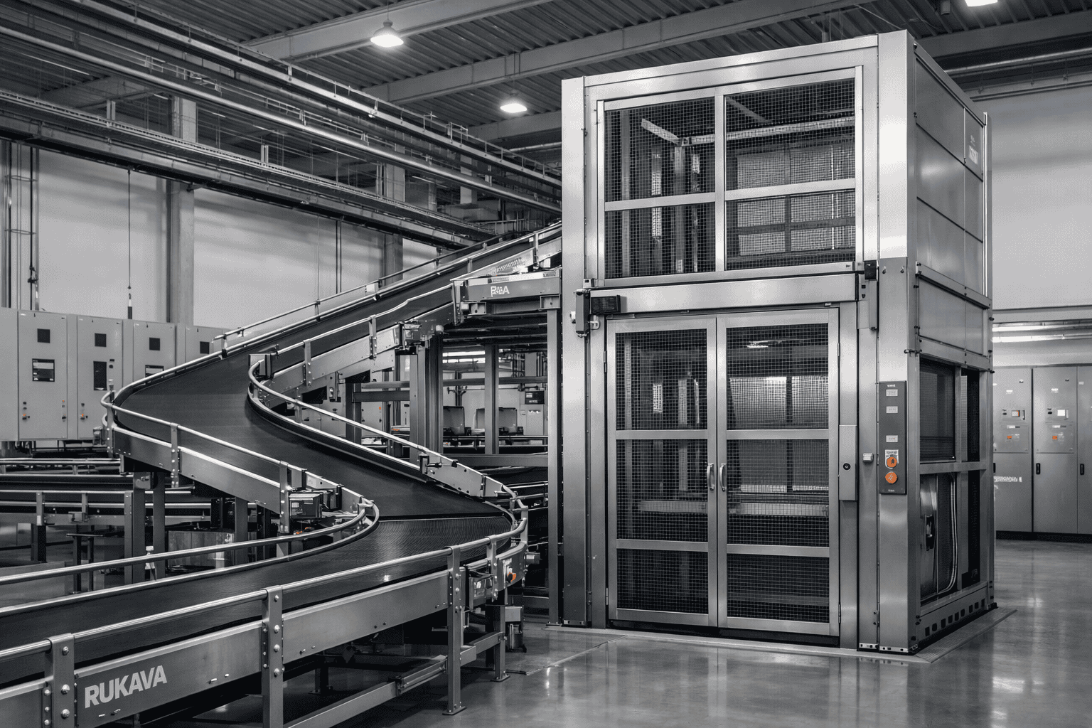 Engenharia e integração de sistemas de movimentação de materiais com esteiras transportadoras industriais e elevadores de carga em ambiente industrial automatizado.