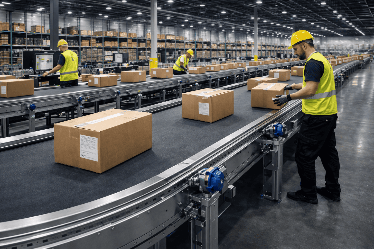 Esteira transportadora para centro logístico com correia cinza e caixas em operação automatizada