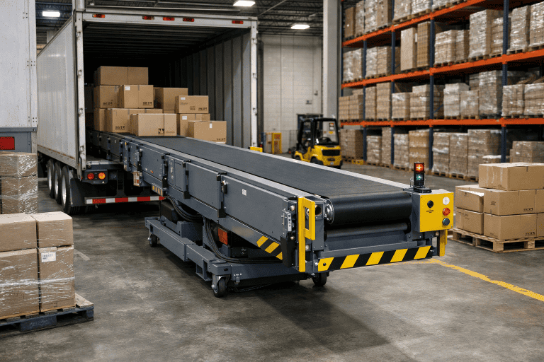 esteira telescópica para carga e descarga de caminhões em doca logística