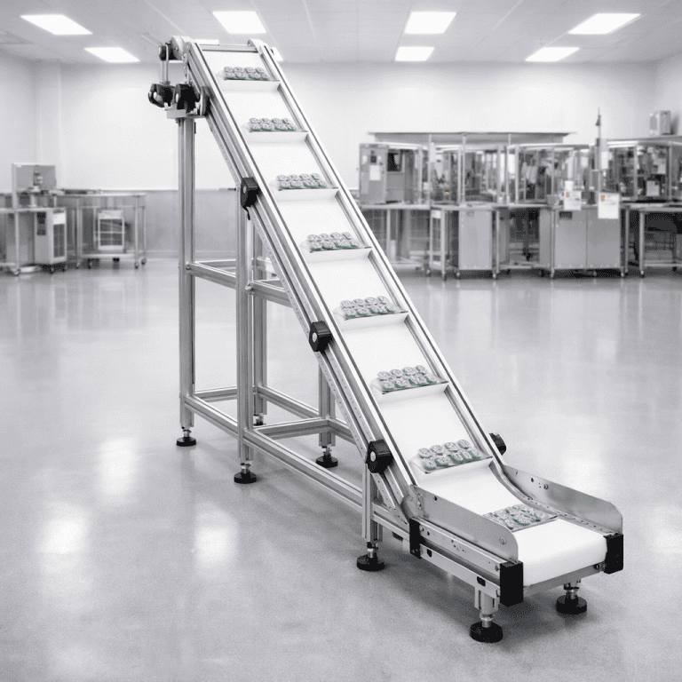 Esteira transportadora de alumínio inclinada em laboratório farmacêutico premium, utilizada para transporte automatizado de produtos em ambiente industrial limpo.