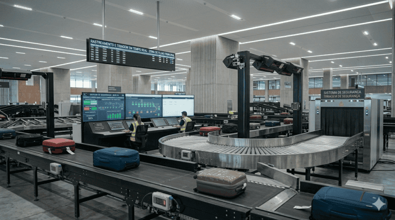 automação BHS aeroporto com esteiras e controle de bagagens