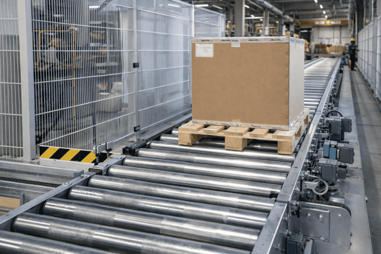 Transportador com mesa de transferência por roletes movimentando pallet com caixa em ambiente industrial automatizado para movimentação eficiente de cargas industriais