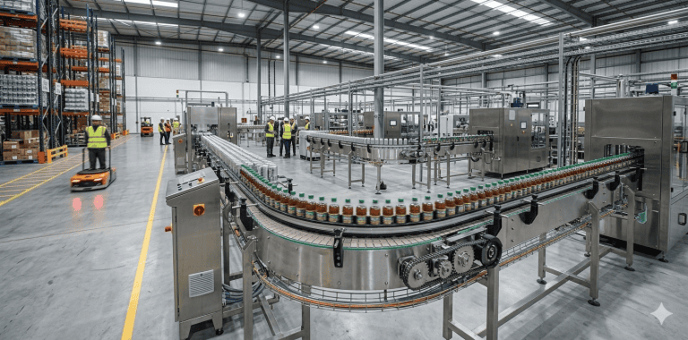 Transportador corrente tipo table top em linha industrial automatizada