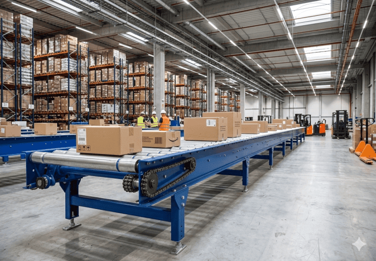 Transportador de roletes industriais acionado por correia movimentando pallet com caixa em centro logístico automatizado