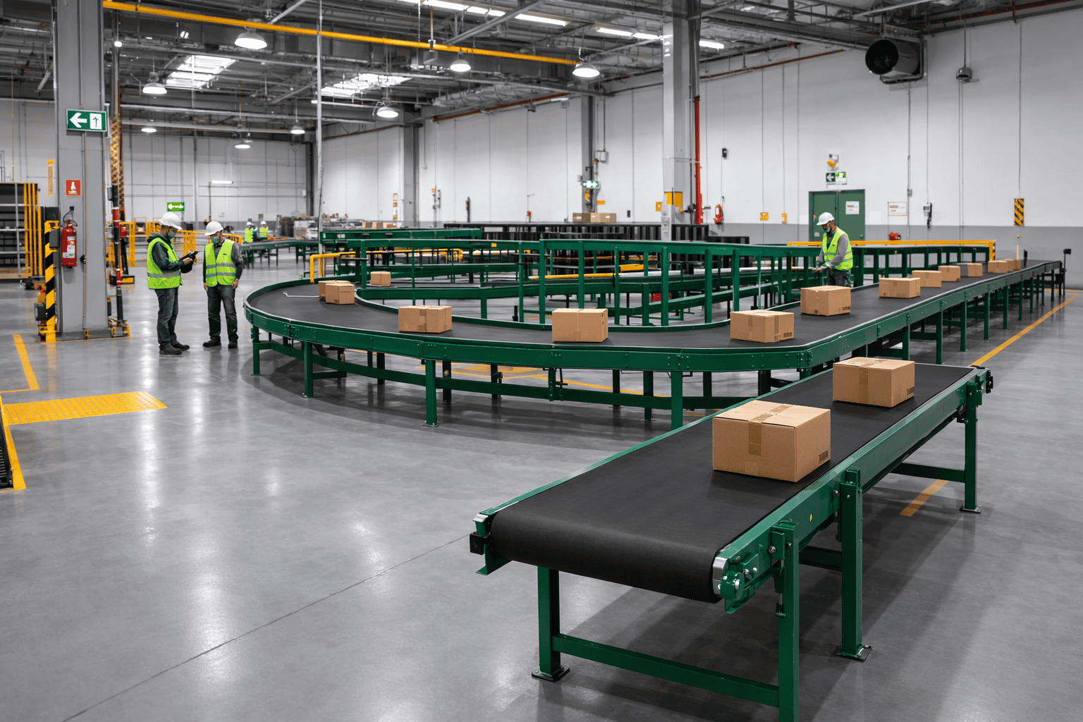 Transportadores industriais com esteira de correia em centro logístico automatizado movimentando caixas em linha de produção