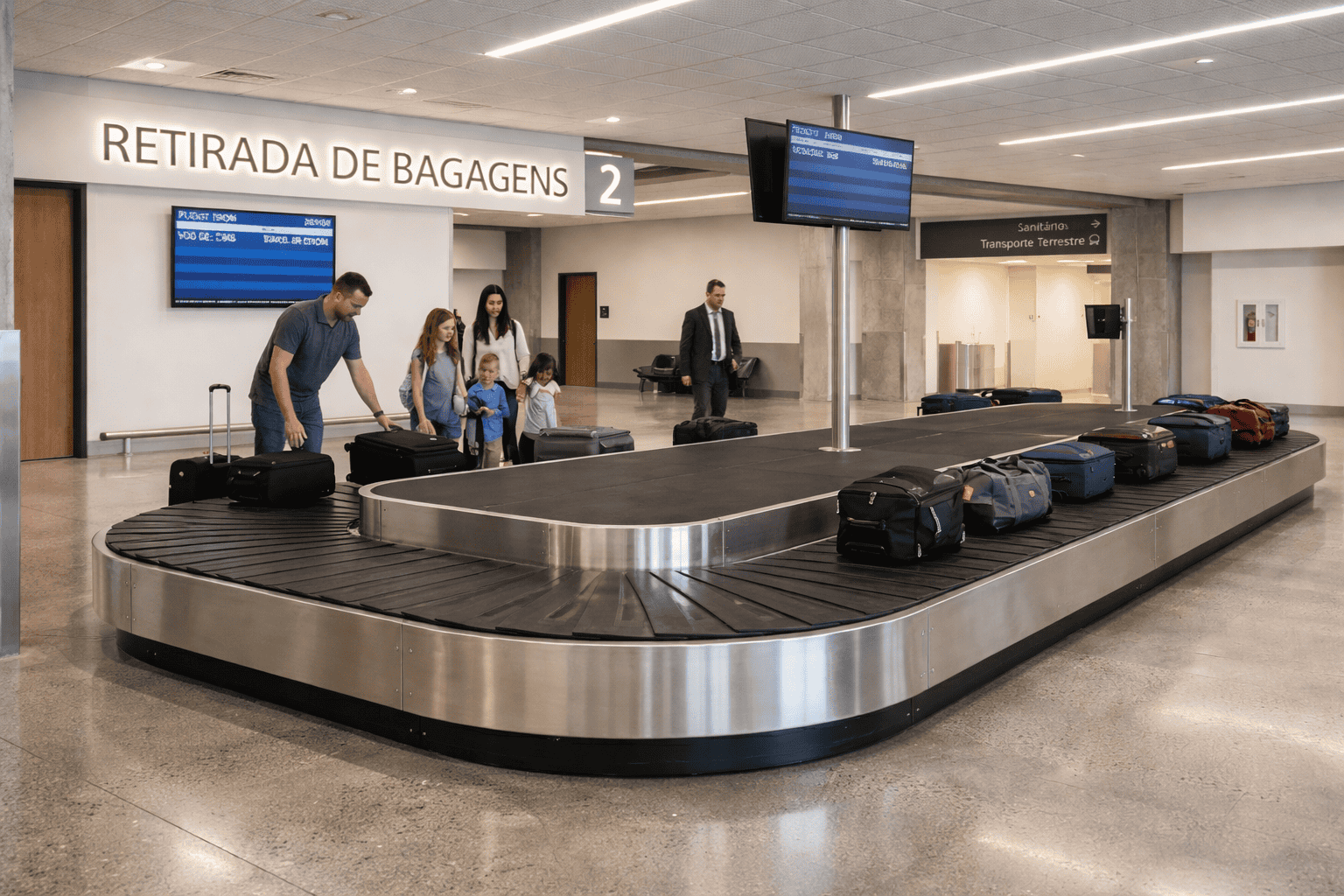 Carrossel de bagagens com placas planas e estrutura em inox em aeroporto com sistema BHS e passageiros retirando malas