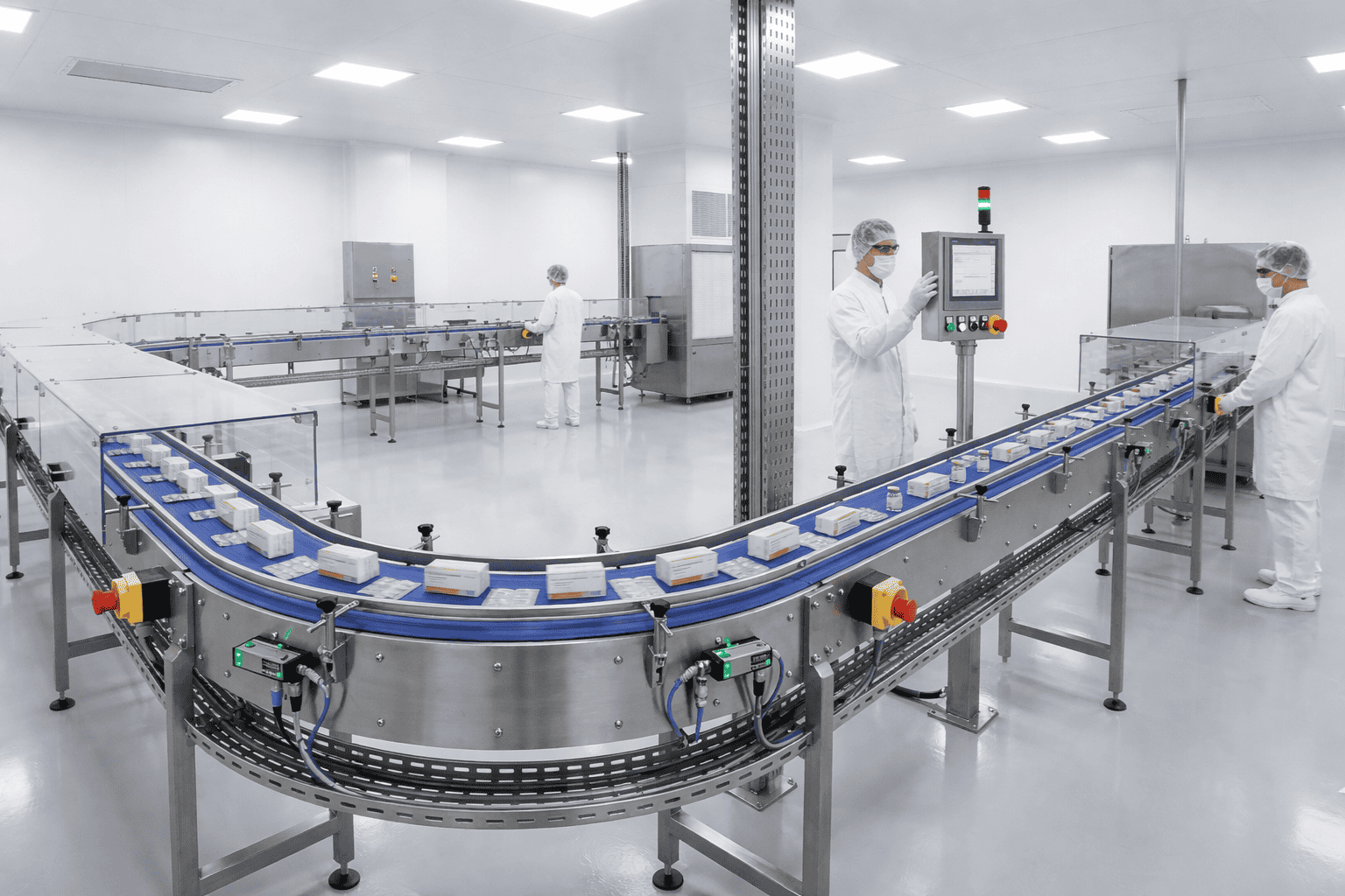 esteira transportadora modular em inox para indústria farmacêutica com automação e controle de fluxo de medicamentos