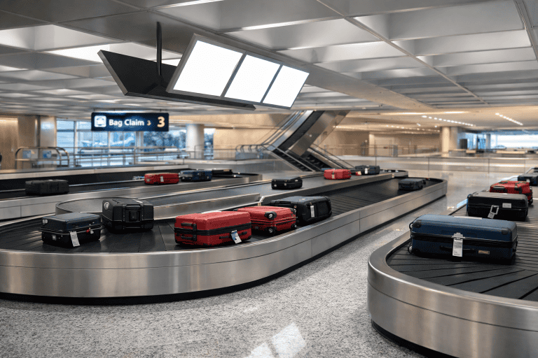 Esteira transportadora para aeroportos utilizada no transporte automático de bagagens em área de check-in e restituição.