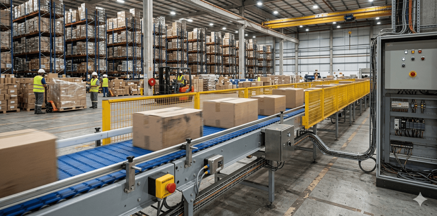 esteira transportadora modular em operação em centro logístico automatizado