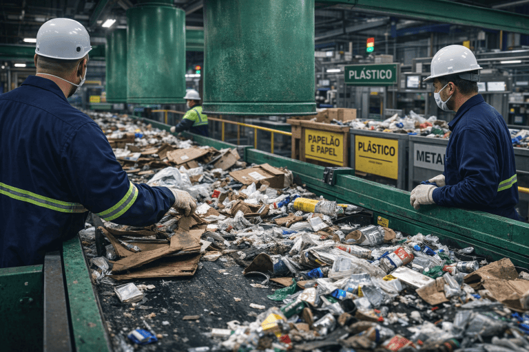 Esteira transportadora para reciclagem em usina de triagem, com separação de resíduos e operadores.