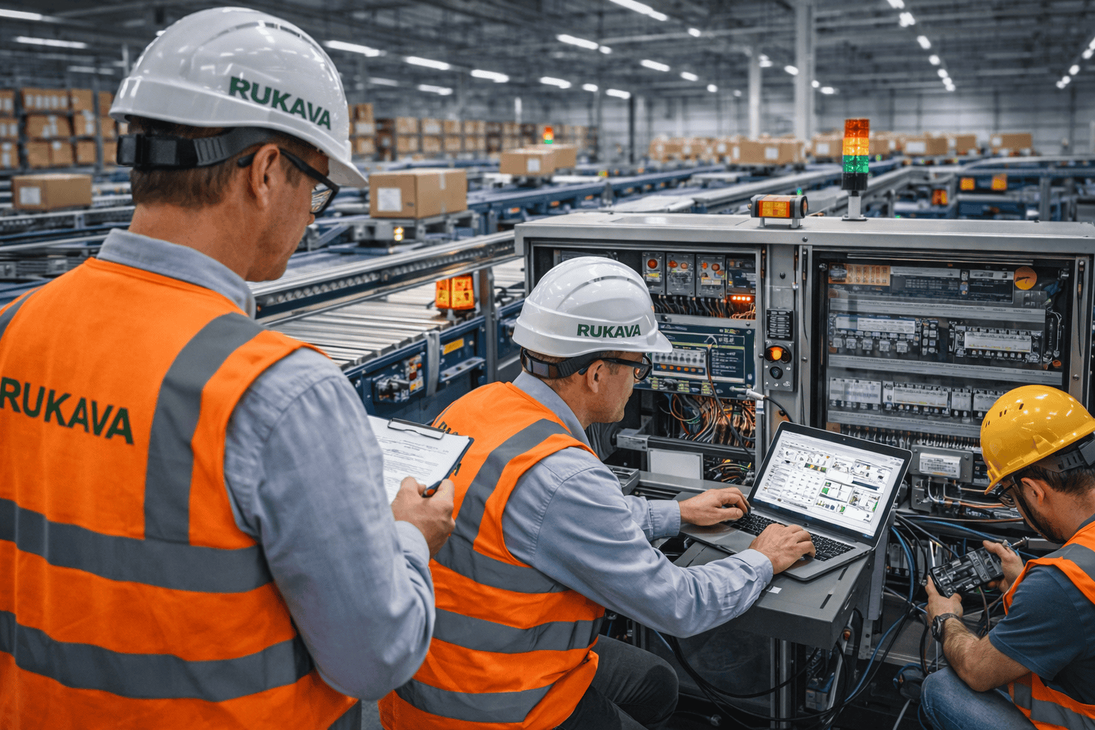 Equipe de engenharia RUKAVA realizando integração e modernização de sistemas industriais