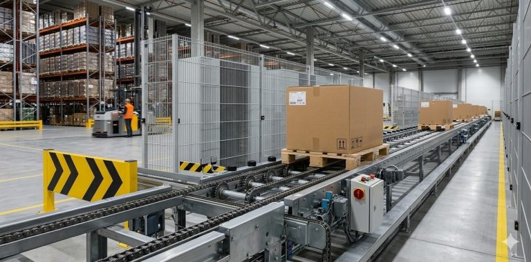 transportador de correntes metálicas industrial para movimentação de pallets em centro logístico automatizado