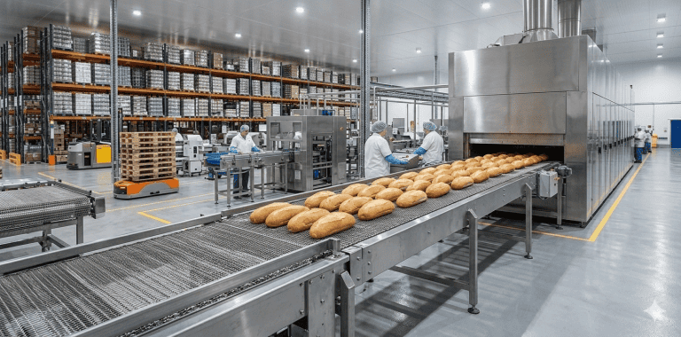 Transportador com esteira balanceada em aço inox para forno industrial de panificação transportando pães em linha automatizada de produção.