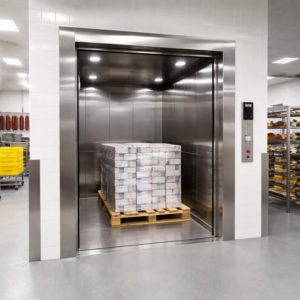 elevador de carga industrial para indústria alimentícia com transporte vertical de pallets