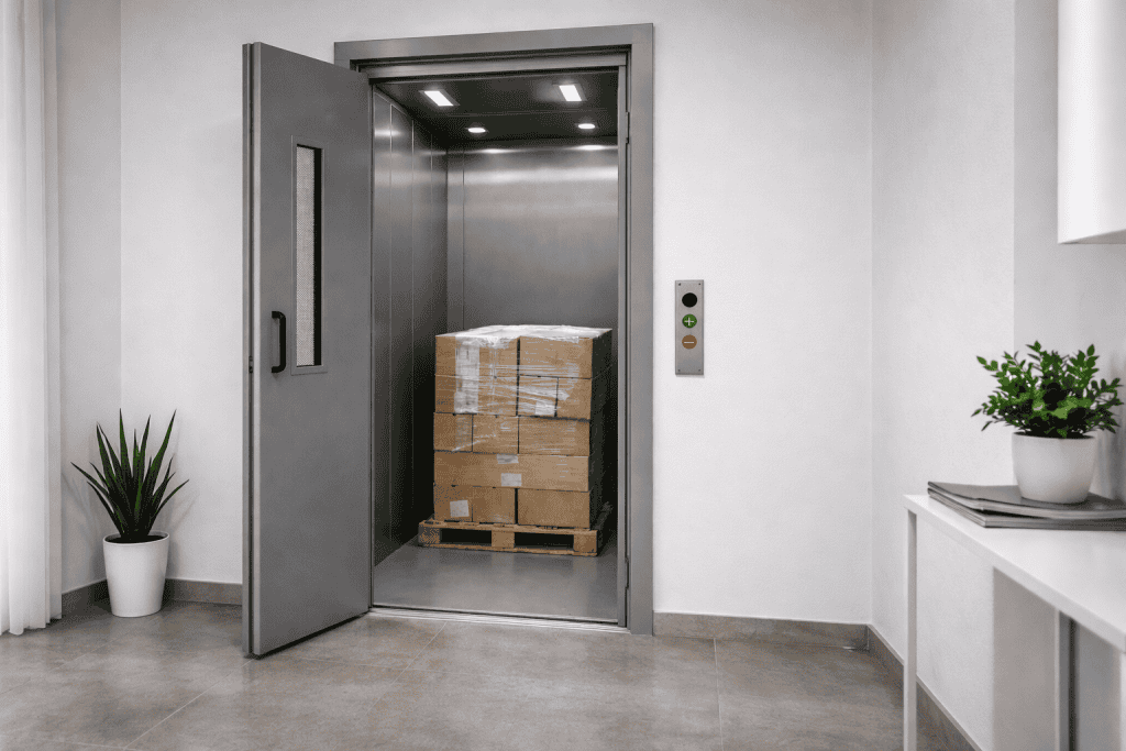 elevador de carga industrial com carga acompanhada para movimentação vertical de pallets