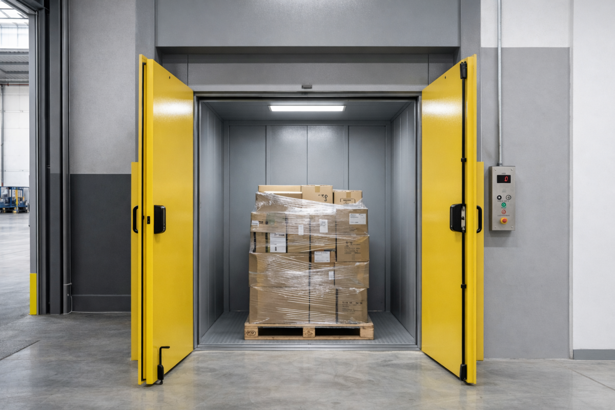 Monta carga industrial transportando palete com caixas em ambiente logístico