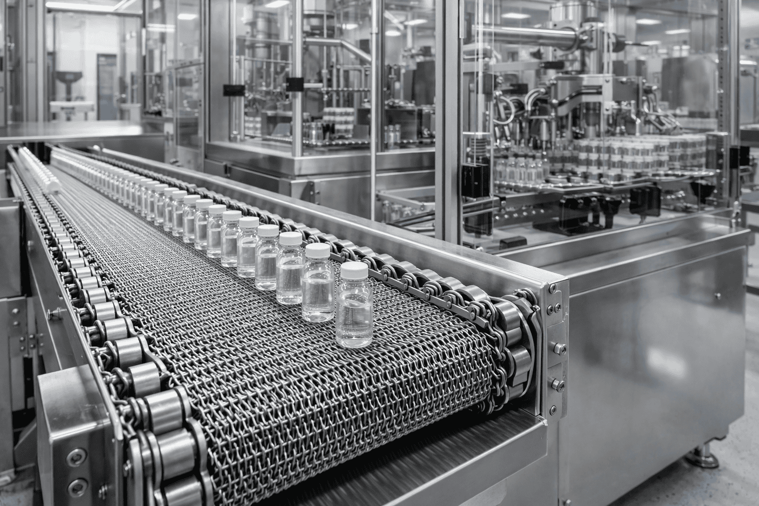 esteira balanceada em aço inox para transporte de frascos em linha farmacêutica automatizada